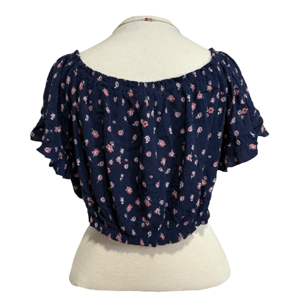 Full Tilt Navy Blue Floral off the shoulder retro stretch Blouse - Picture 2 of 5